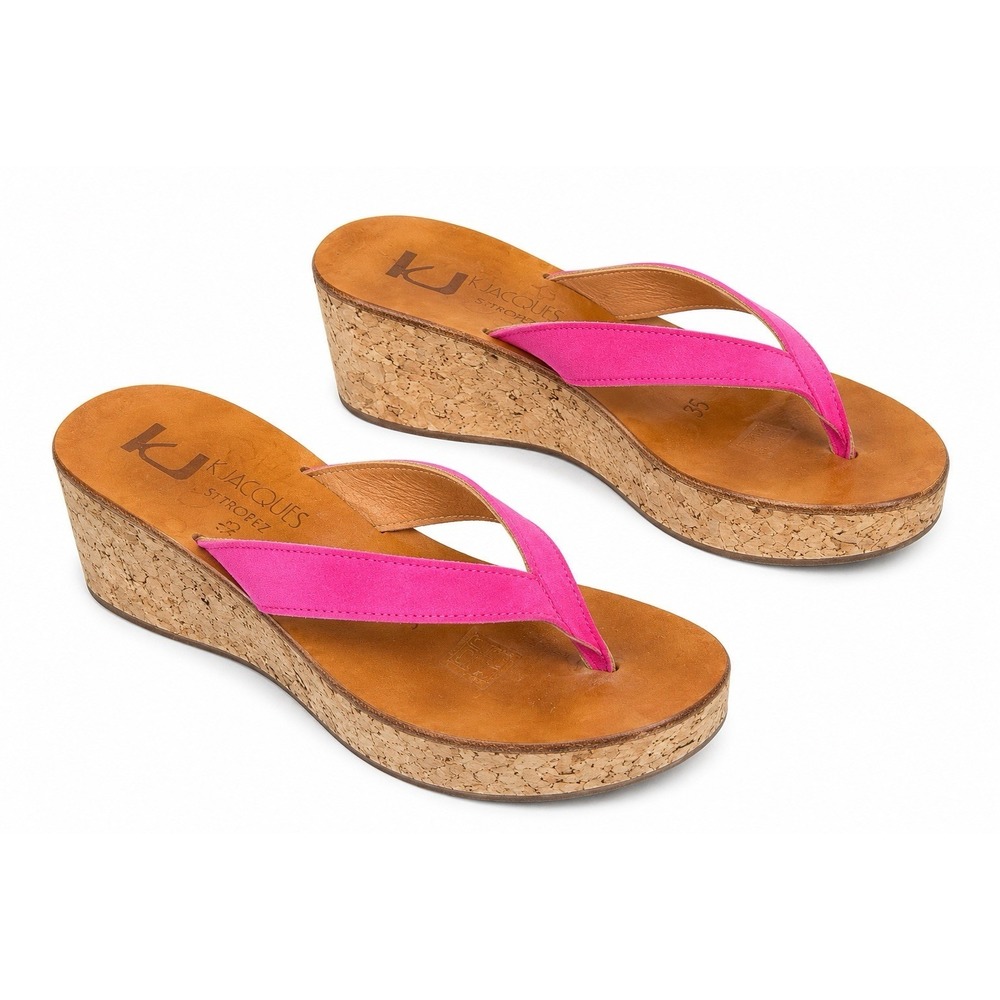 K Jacques St Tropez Wedge 35 Pink Suede Thong Cork Platform Luxury Resort France